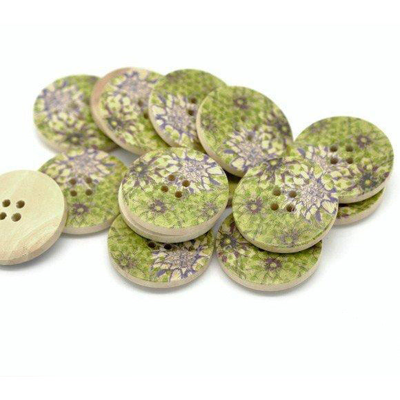 Green and Plum Wooden Buttons 30mm - Natural wood flowers pattern painting set of 6