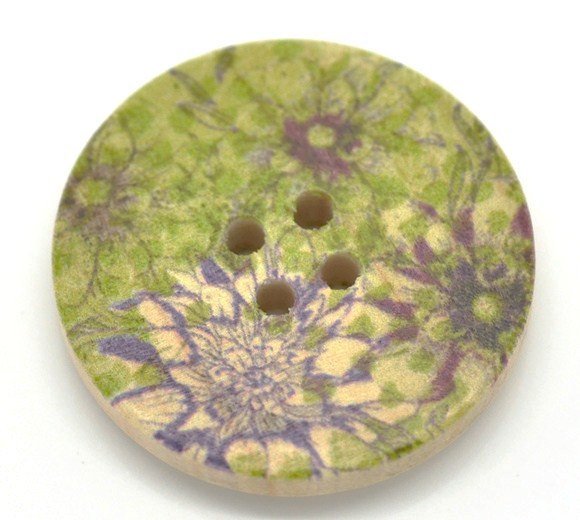 Green and Plum Wooden Buttons 30mm - Natural wood flowers pattern painting set of 6