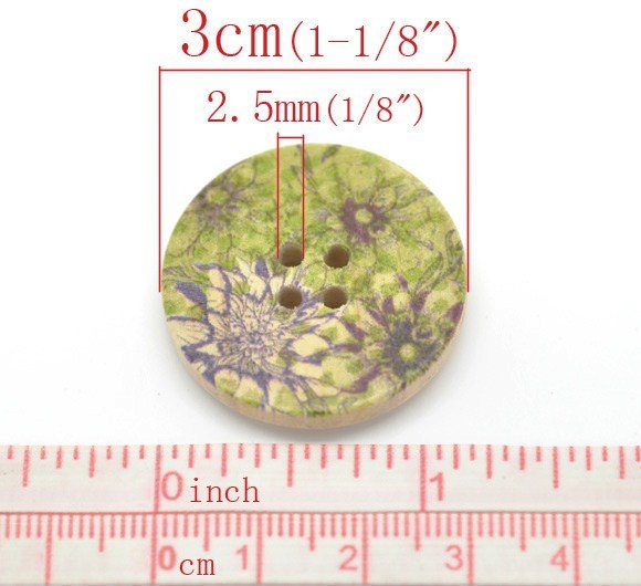 Bouton de bois avec motif vert et prune de fleur - ensemble de 6 boutons en bois naturel de 3cm