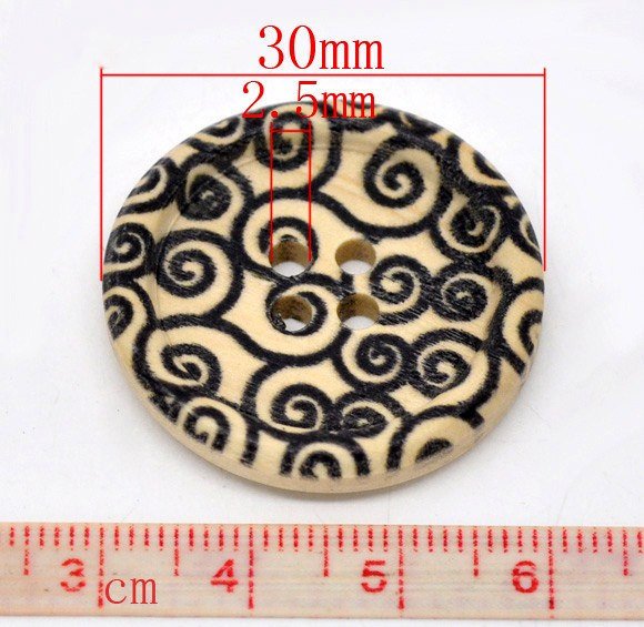 Swirl Pattern Wooden Sewing Buttons 30mm - Natural and Black wood button set of 6