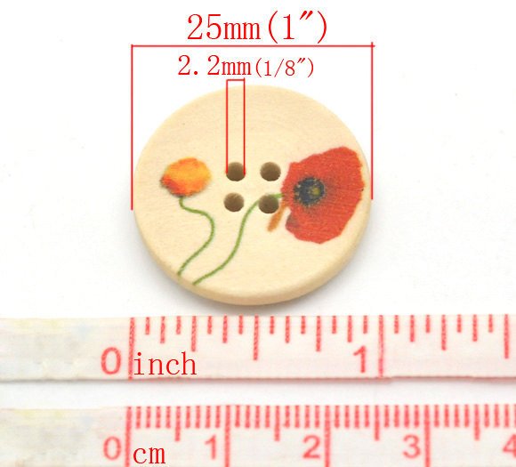 Natural wood button with Flower Poppy Pattern 25 or 30mm - set of 6 natural sewing wood button