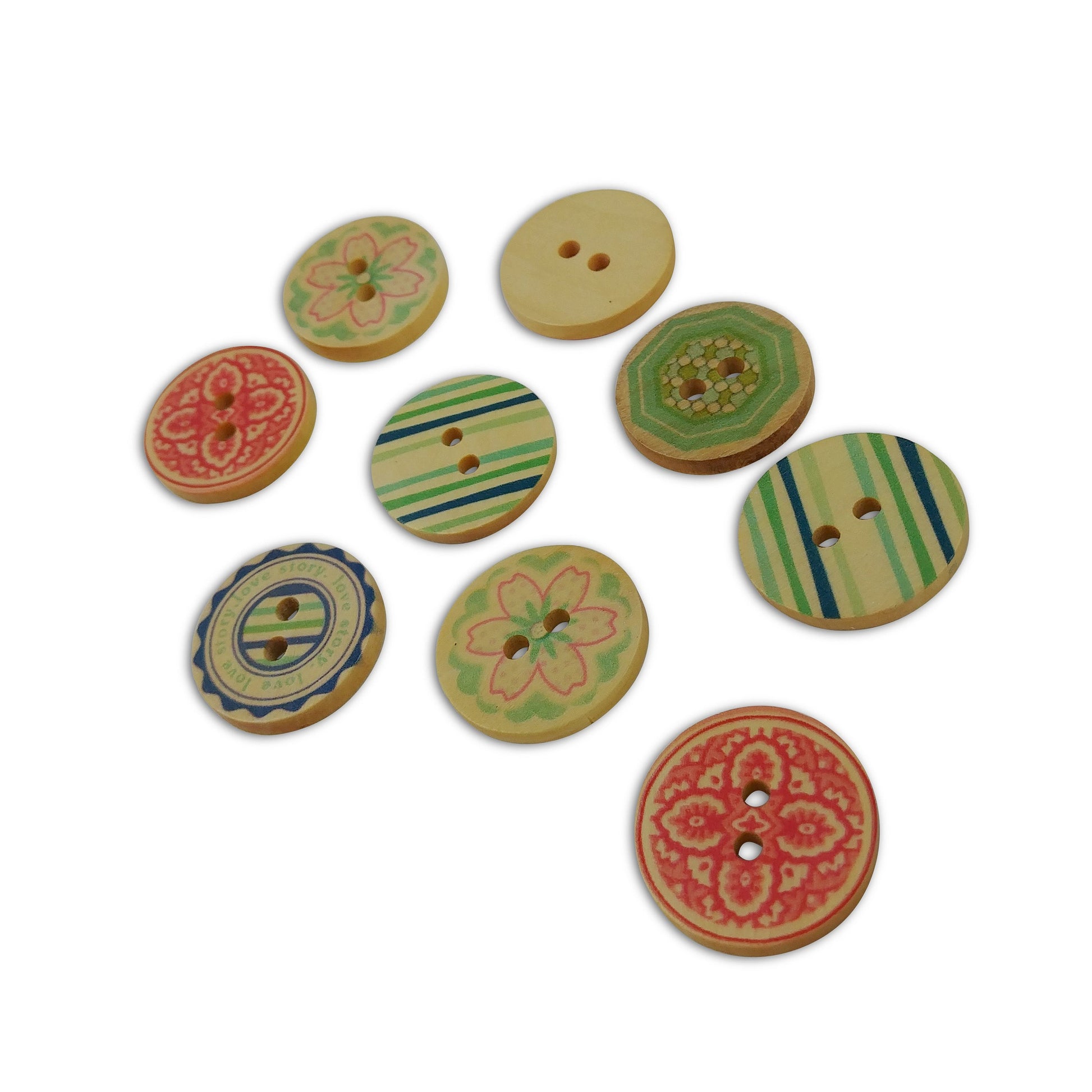 9 Mixed Patterns and Colors Buttons - Wood sewing buttons 25mm