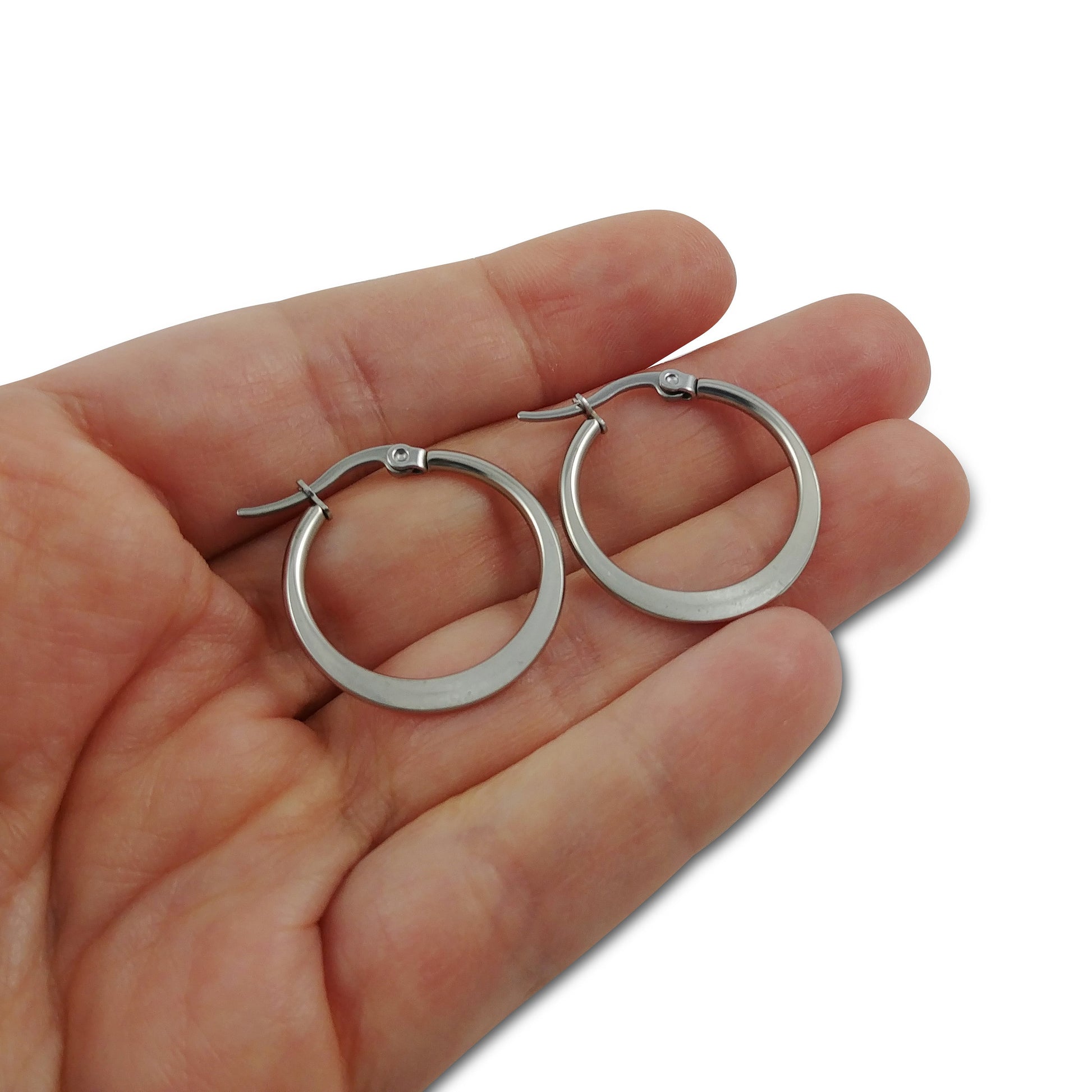 Stainless steel hoop earrings, Hypoallergenic earring findings, Flat ring shape, Silver latch back earwire