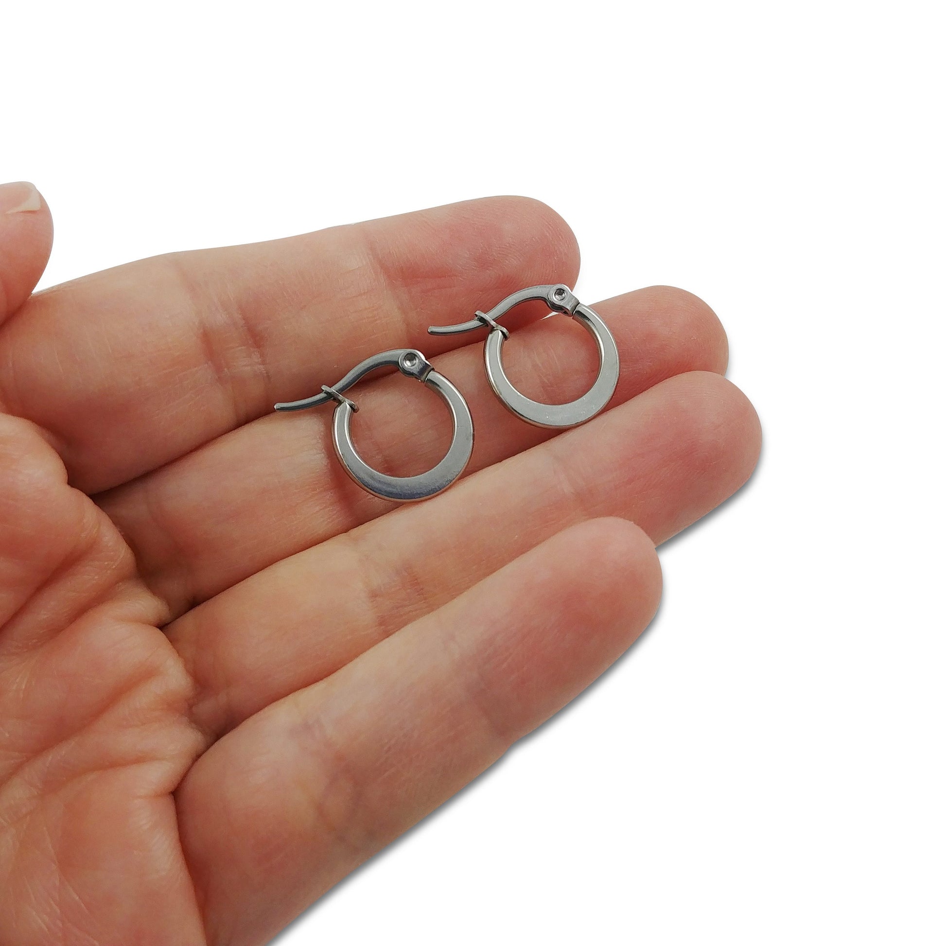 Stainless steel hoop earrings, Hypoallergenic earring findings, Flat ring shape, Silver latch back earwire