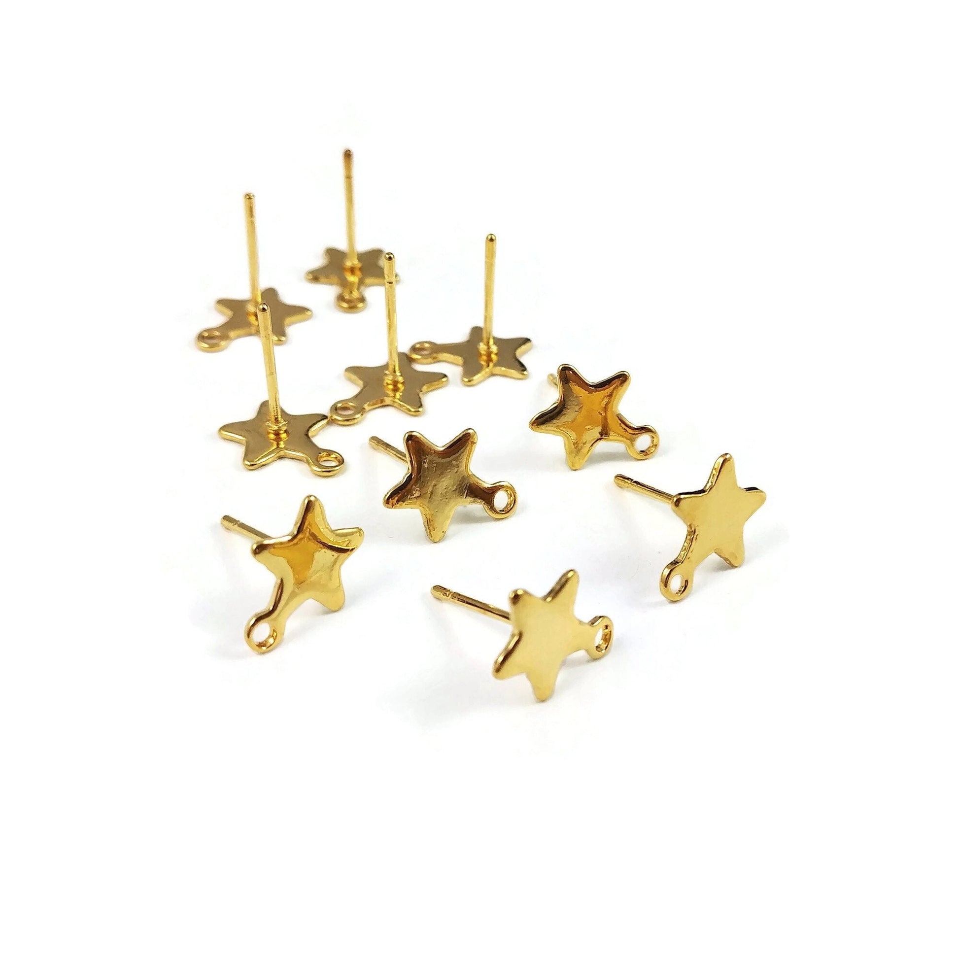8mm star earstuds with loop, Stainless steel earring studs, Hypoallergenic gold or silver jewelry findings