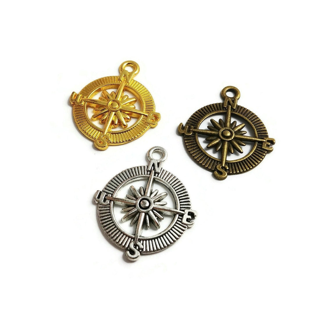 Compass rose charm, Hypoallergenic DIY necklace pendant, Travel nautical pendant, gold bronze silver plated charms