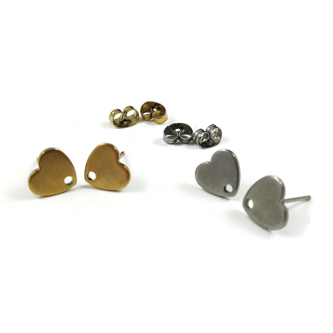Heart shape stainless steel earring post,  Hypoallergenic earring findings, Gold studs, Silver earring making supplies