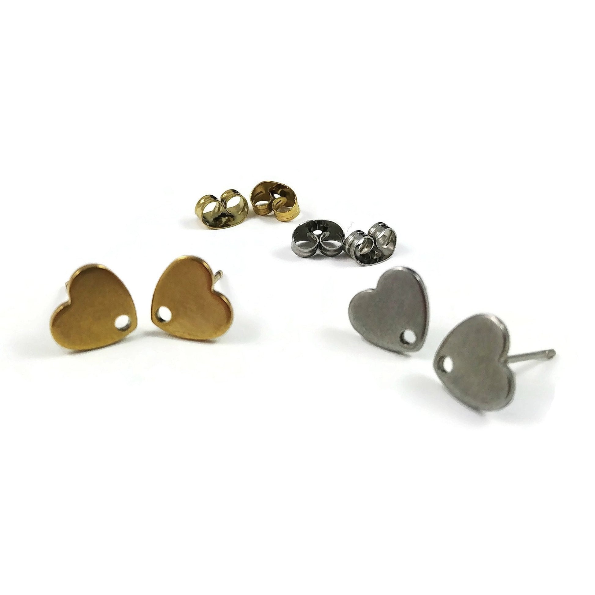 Heart shape stainless steel earring post,  Hypoallergenic earring findings, Gold studs, Silver earring making supplies