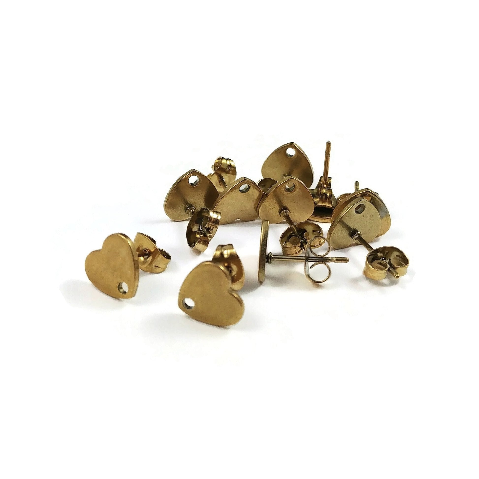 Heart shape stainless steel earring post,  Hypoallergenic earring findings, Gold studs, Silver earring making supplies