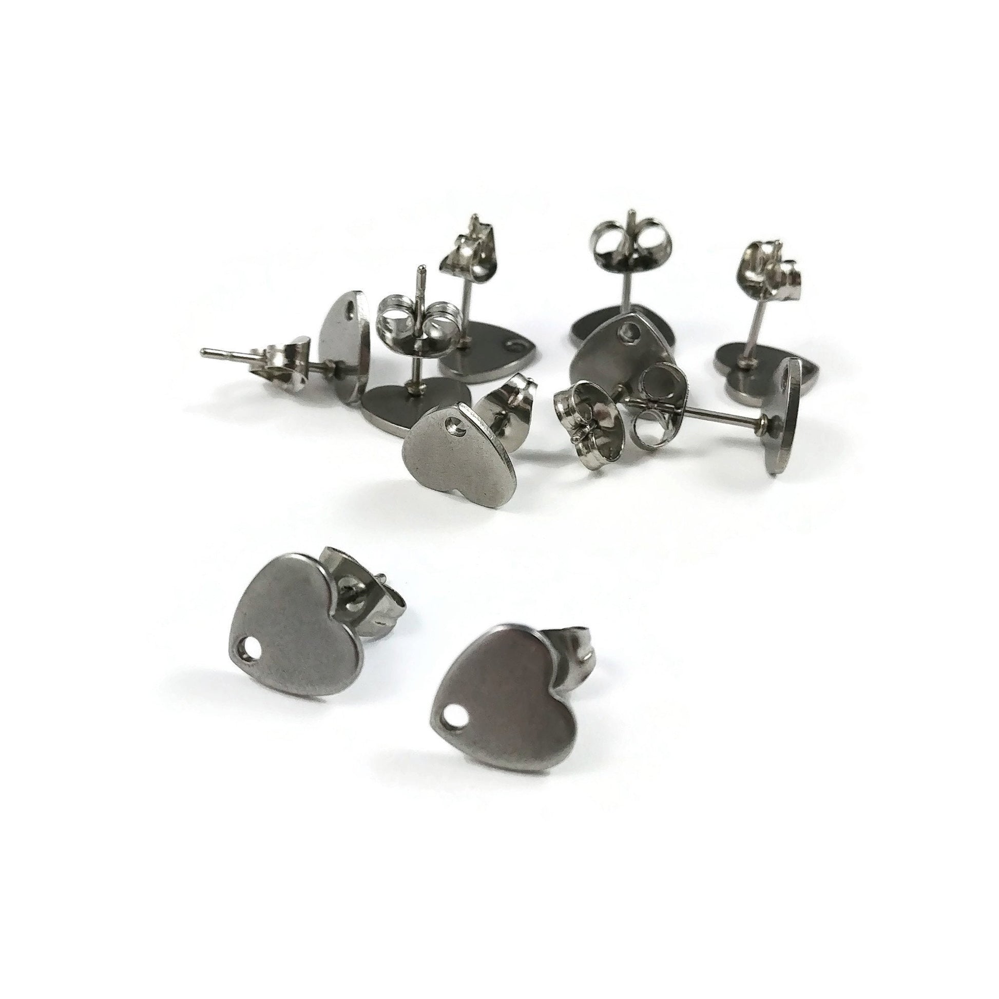 Heart shape stainless steel earring post,  Hypoallergenic earring findings, Gold studs, Silver earring making supplies