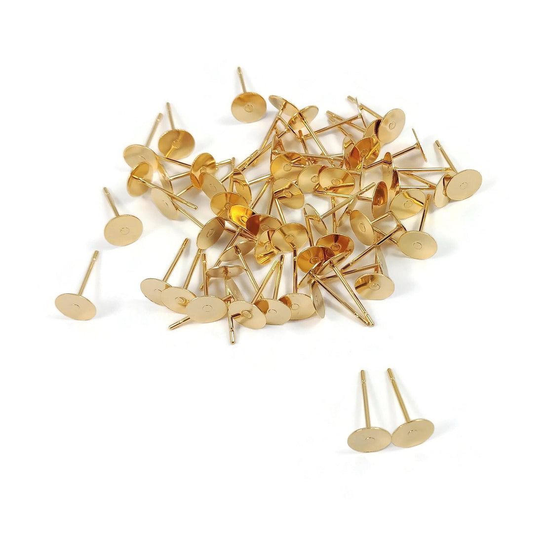 24K gold plated earring post, 6mm stainless steel flat pad studs, 50pcs (25 pairs) blank parts for jewelry making