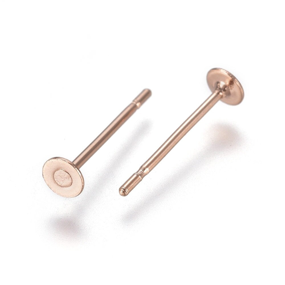 Rose gold earring posts, Stainless steel studs, 3mm, 4mm, 5mm, 6mm, 8mm, 10mm flat pad earring findings