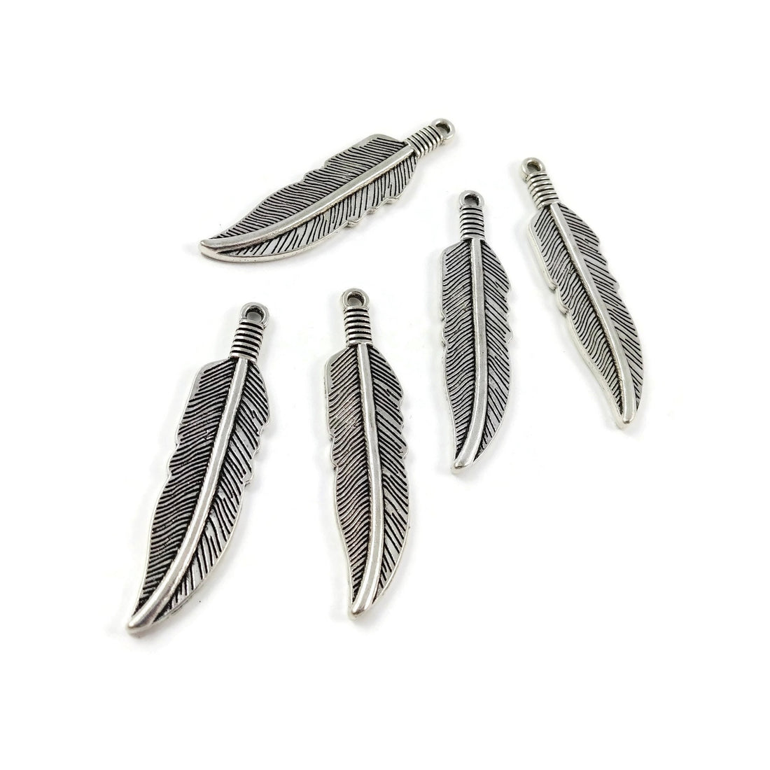 5 feather charms, 40mm nickel free metal pendants, 3D charms for jewelry making