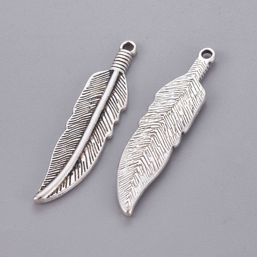 5 feather charms, 40mm nickel free metal pendants, 3D charms for jewelry making