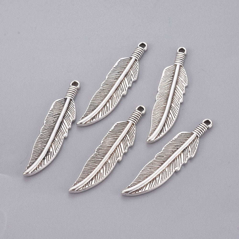 5 feather charms, 40mm nickel free metal pendants, 3D charms for jewelry making