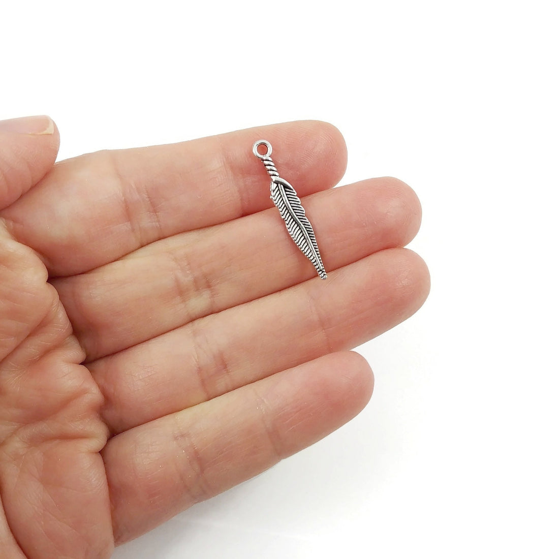 10 feather charms, 29mm nickel free metal pendants