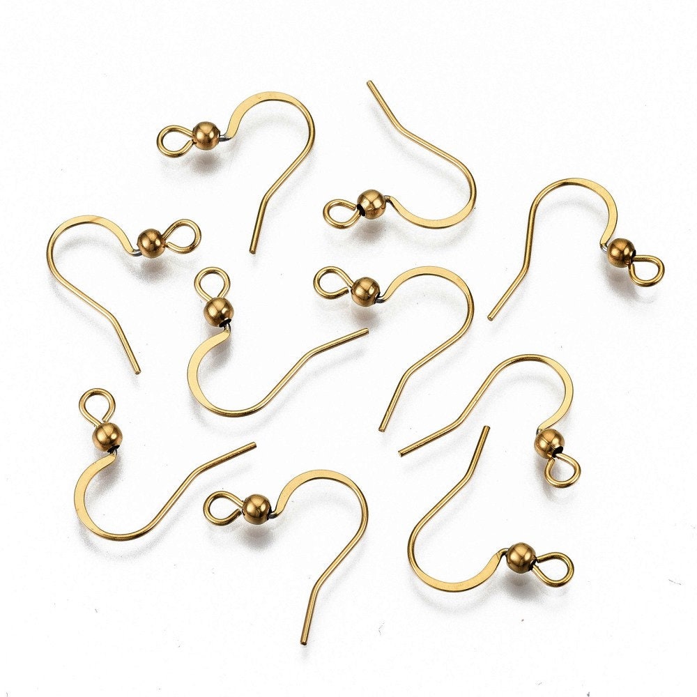 Stainless steel flat french earring hooks, 20 pcs (10 pairs) hypoallergenic ear wire, Silver, Gold