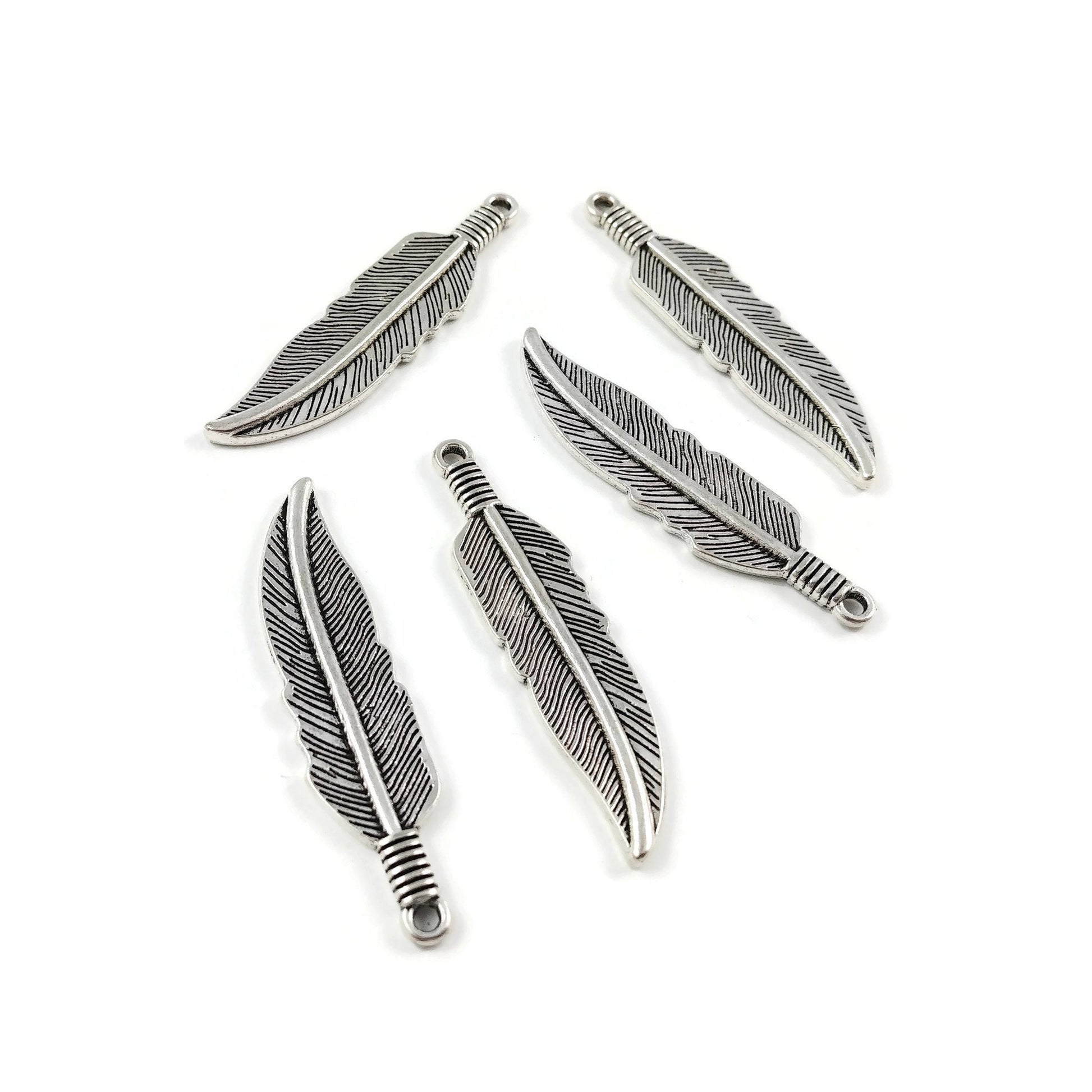 5 feather charms, 40mm nickel free metal pendants, 3D charms for jewelry making
