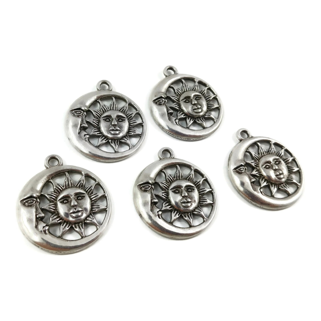 5 sun and moon charms, 30mm nickel free metal pendants, 3D charms for jewelry making