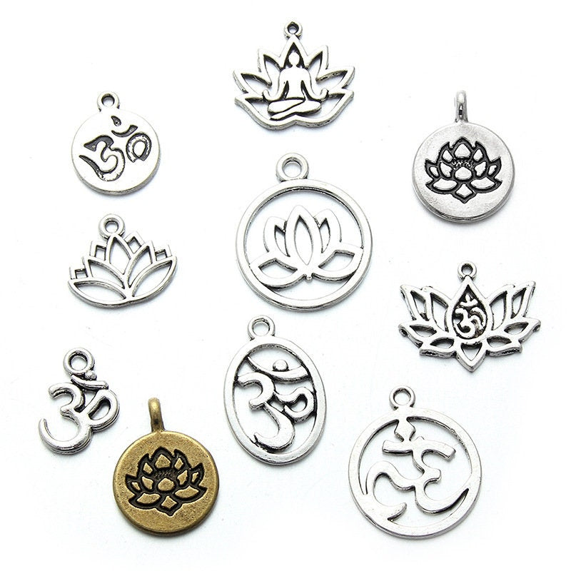 10 zen assorted charms, Nickel free metal pendants, Yoga, lotus, chakra mixed shapes for jewelry making