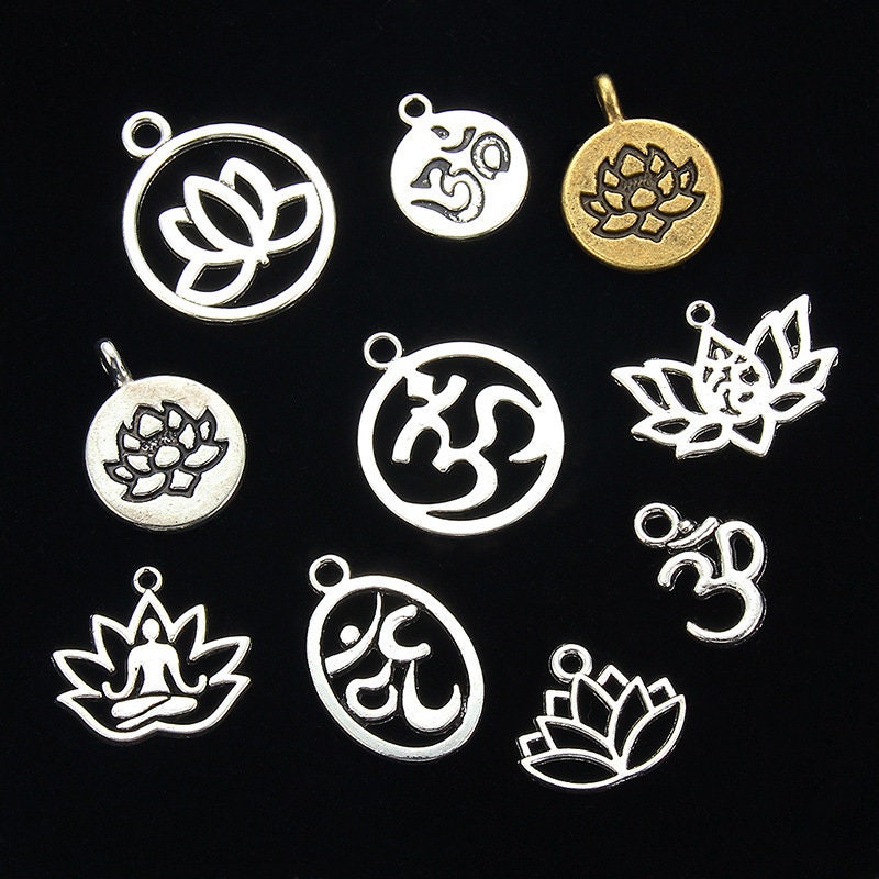 10 zen assorted charms, Nickel free metal pendants, Yoga, lotus, chakra mixed shapes for jewelry making