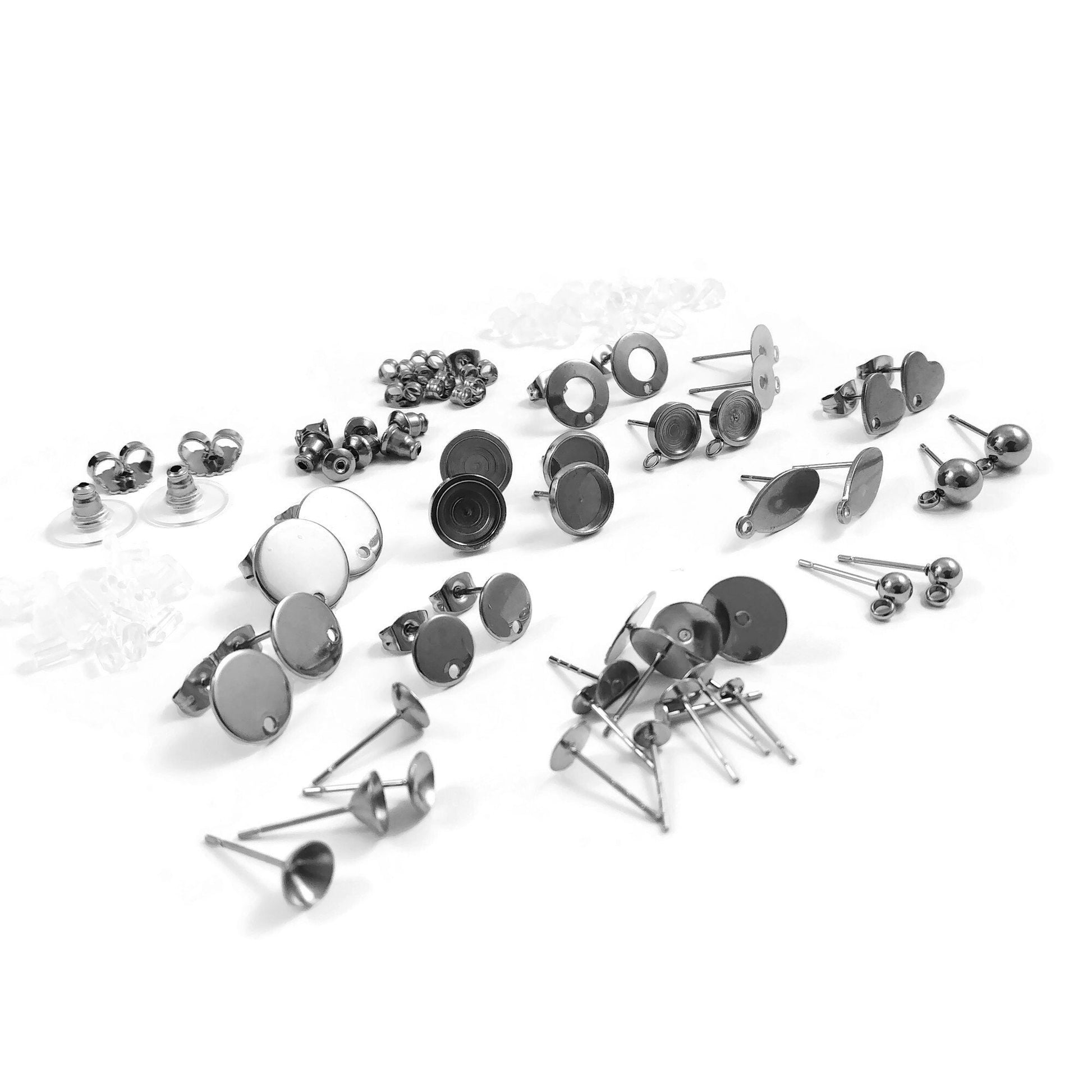 Earring making starter kit, Stainless steel posts 60pcs, Hypoallergenic stud jewelry findings, Sample pack