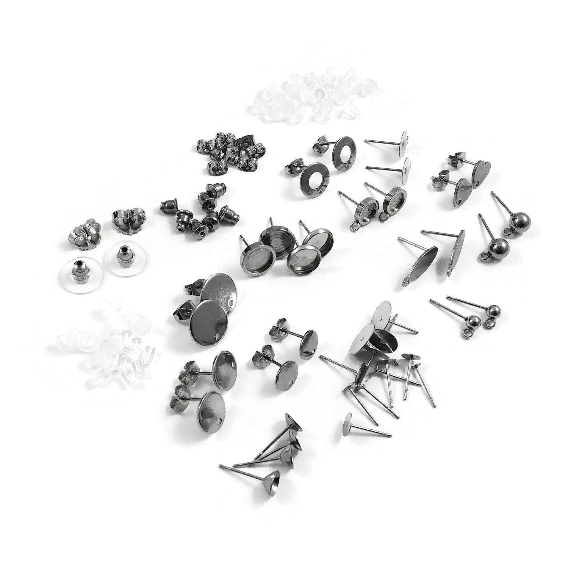 Earring making starter kit, Stainless steel posts 60pcs, Hypoallergenic stud jewelry findings, Sample pack