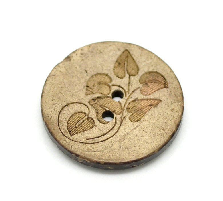 6 Brown Leaf pattern Coconut Shell Buttons 28mm - Natural and Eco Friendly round sewing button