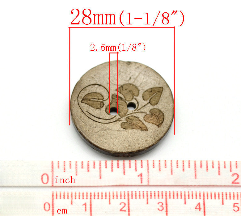 6 Boutons en bois de coco 28mm - motif de feuilles