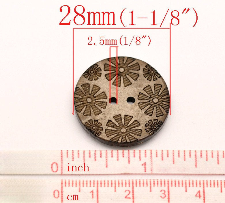 6 Boutons en bois de coco 28mm - motif de fleurs