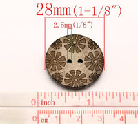 6 Boutons en bois de coco 28mm - motif de fleurs