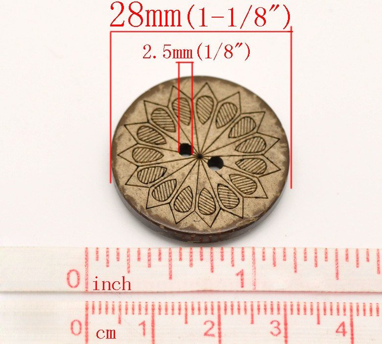 6 sunflower pattern Coconut Shell Buttons 28mm - Natural and Eco Friendly round sewing button