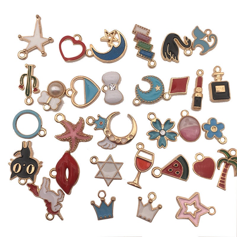 30 fun assorted enamel charms, Nickel free metal pendants, Cute mixed shapes for jewelry making