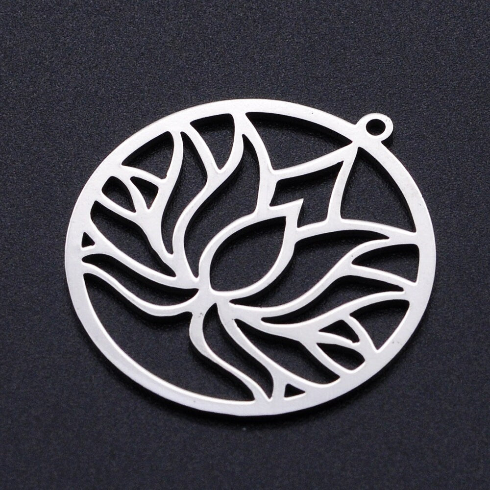 Lotus stainless steel pendant, Hypoallergenic DIY necklace supplies, Zen flower charm for jewelry making