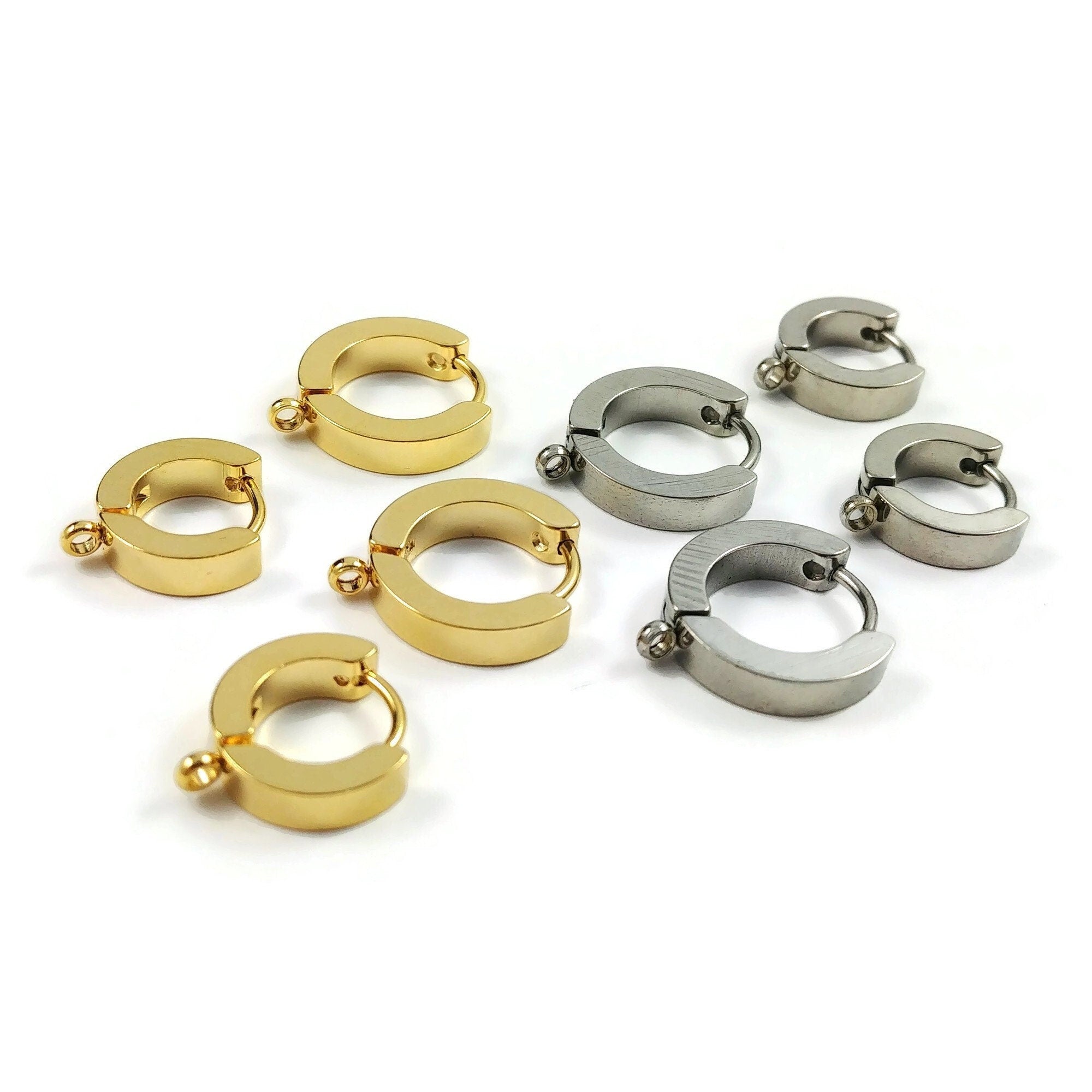 Stainless steel huggie hoops with loop, Gold, Silver, Earring findings, Dainty leverback for jewelry making