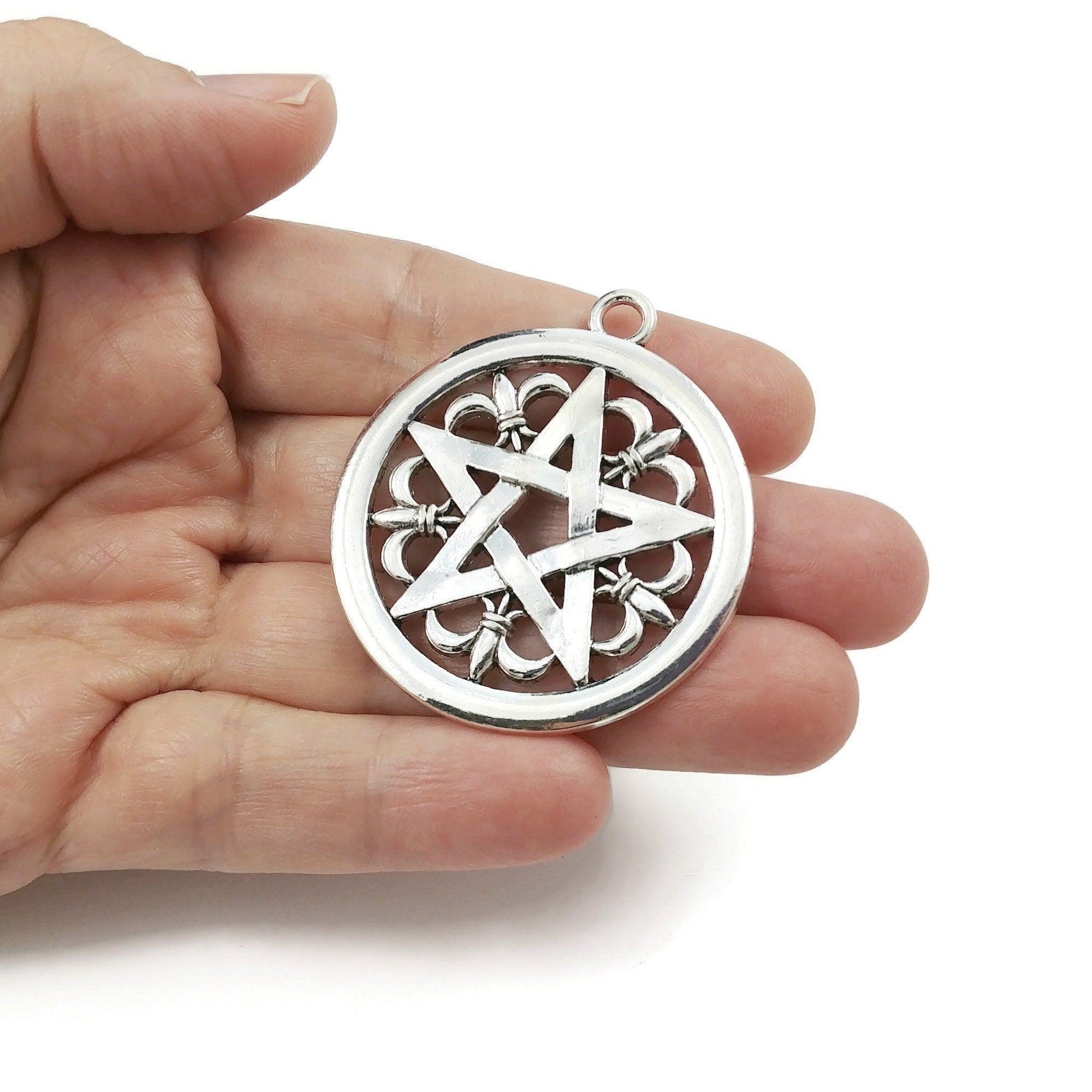 Silver pentagram pendant, 40mm nickel free metal pendants, Big pentacle star charms for jewelry making