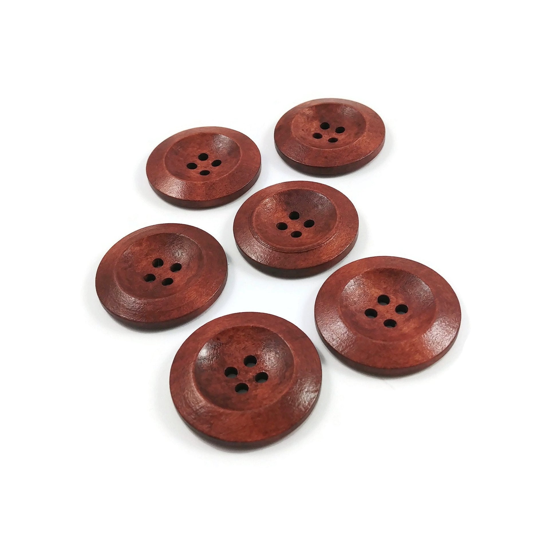 30mm wooden buttons, Red brown sewing buttons, 6 craft knitting buttons