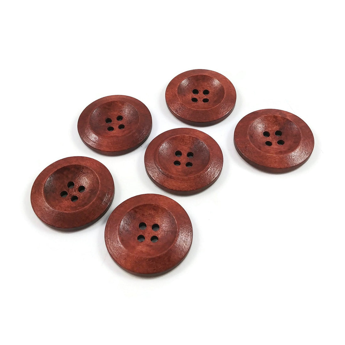 30mm wooden buttons, Red brown sewing buttons, 6 craft knitting buttons