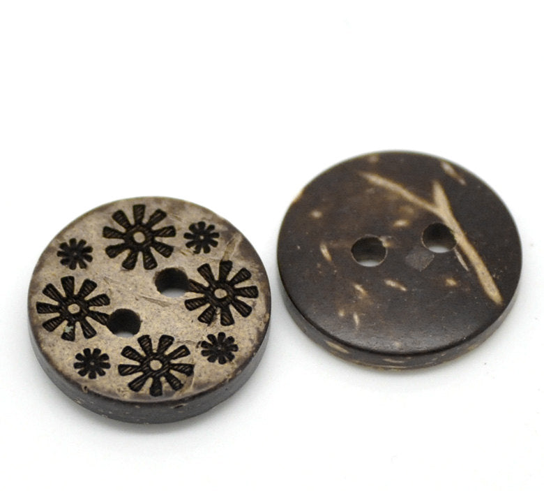 10 Brown Coconut Shell Buttons 15mm -  Primitive Flowers
