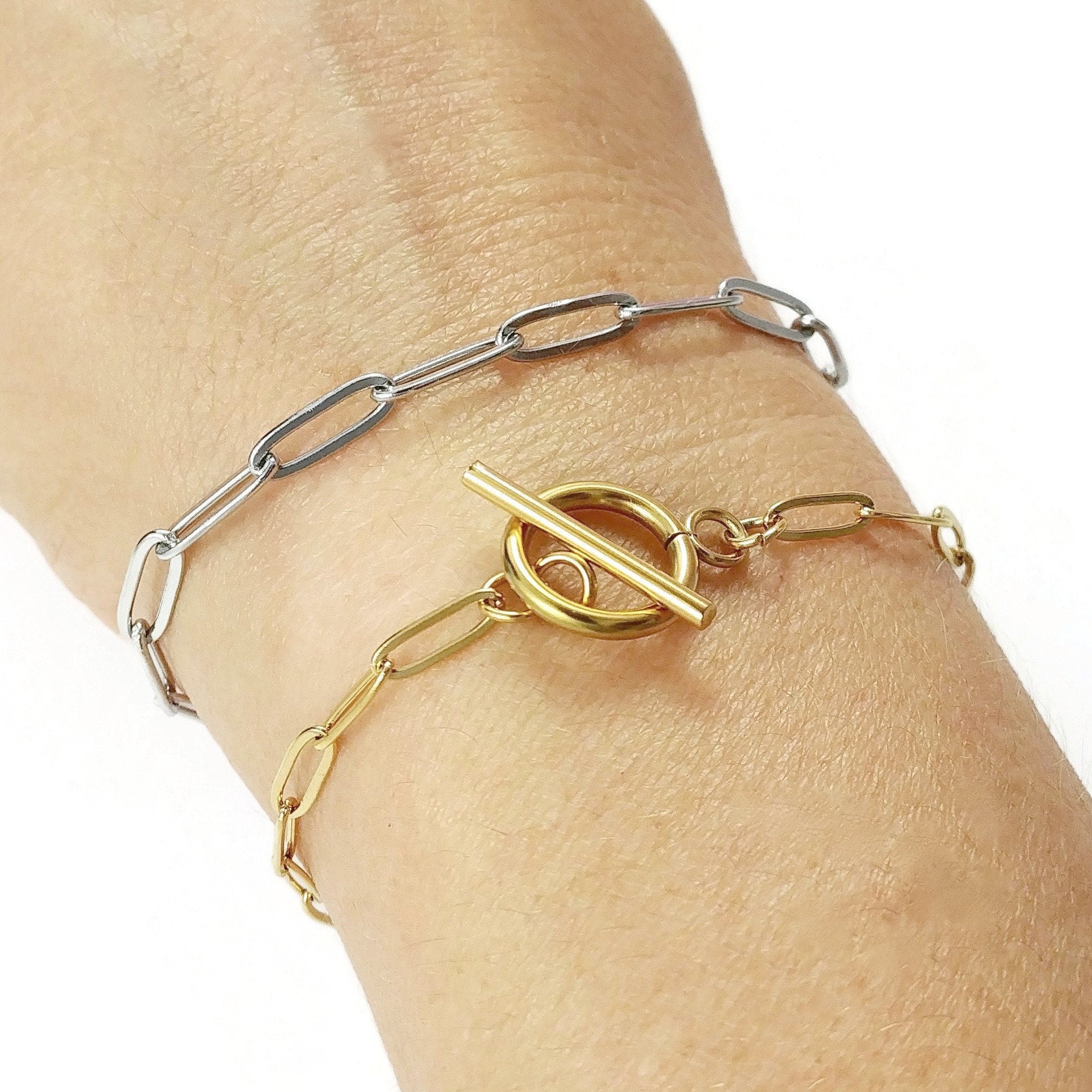 Stainless steel paperclip chain bracelet, Gold, Silver, Toggle clasp