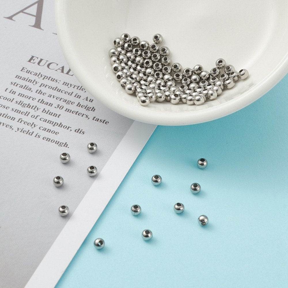 Silver stainless steel beads, 3mm, 4mm, 5mm, Round metal spacer beads, Bulk jewelry making supplies