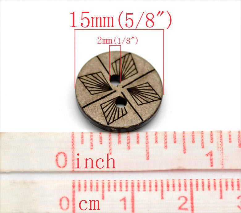 10 Boutons en bois de coco 15mm - Géométrique