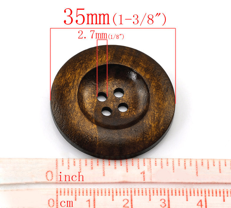 Brown Wooden Sewing Buttons 35mm - set of 6 natural wood button