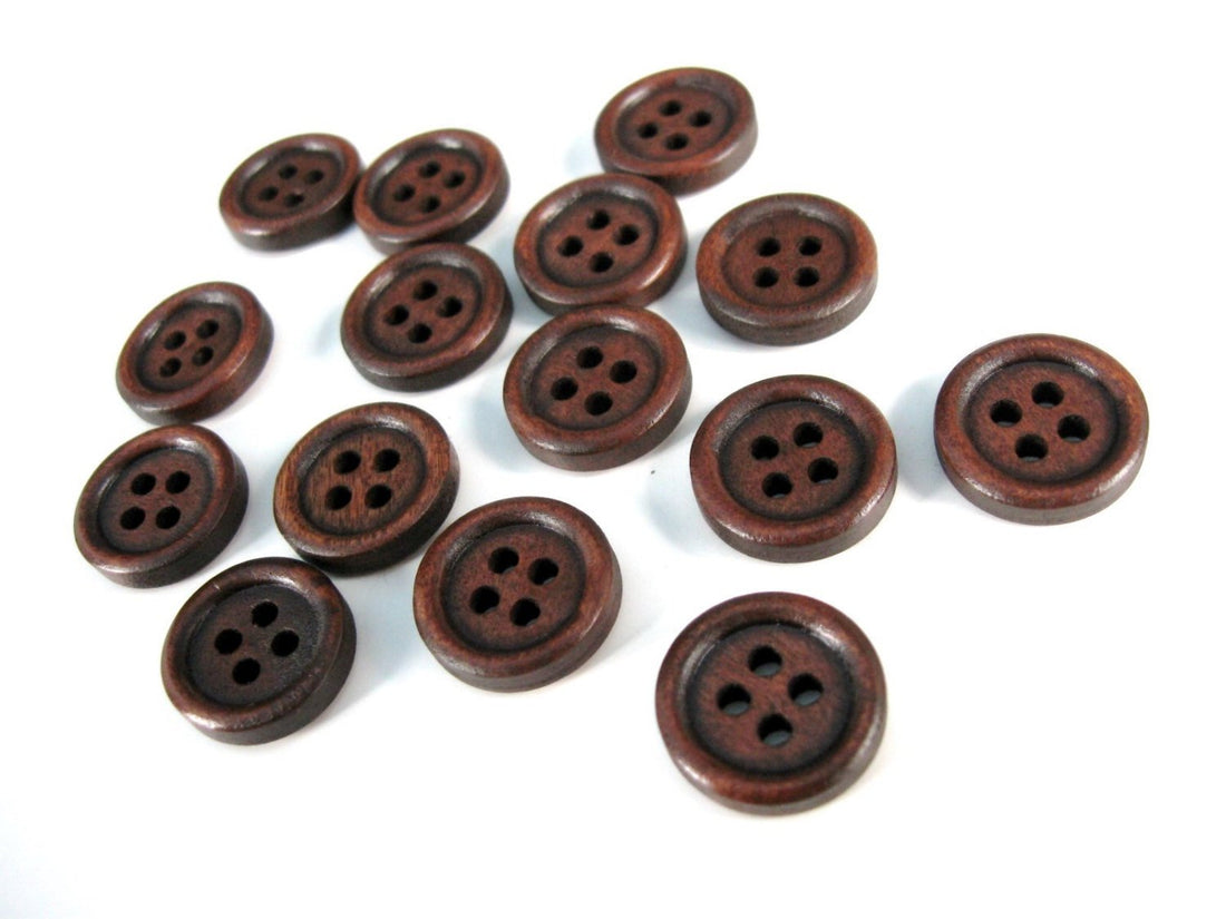 Wood button - Dark Brown 4 Holes Wooden Sewing Buttons 15mm - set of 15