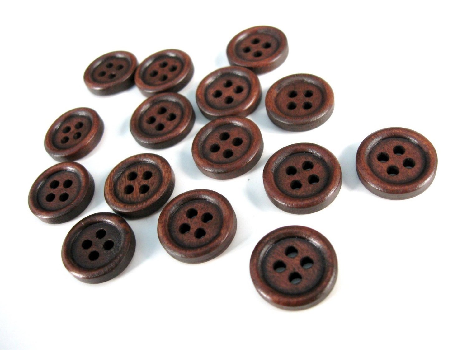 Wood button - Dark Brown 4 Holes Wooden Sewing Buttons 15mm - set of 15