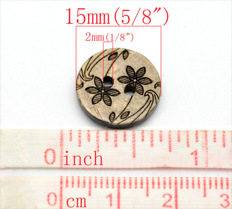 10 Boutons en bois de coco 15mm - Fleurs des champs