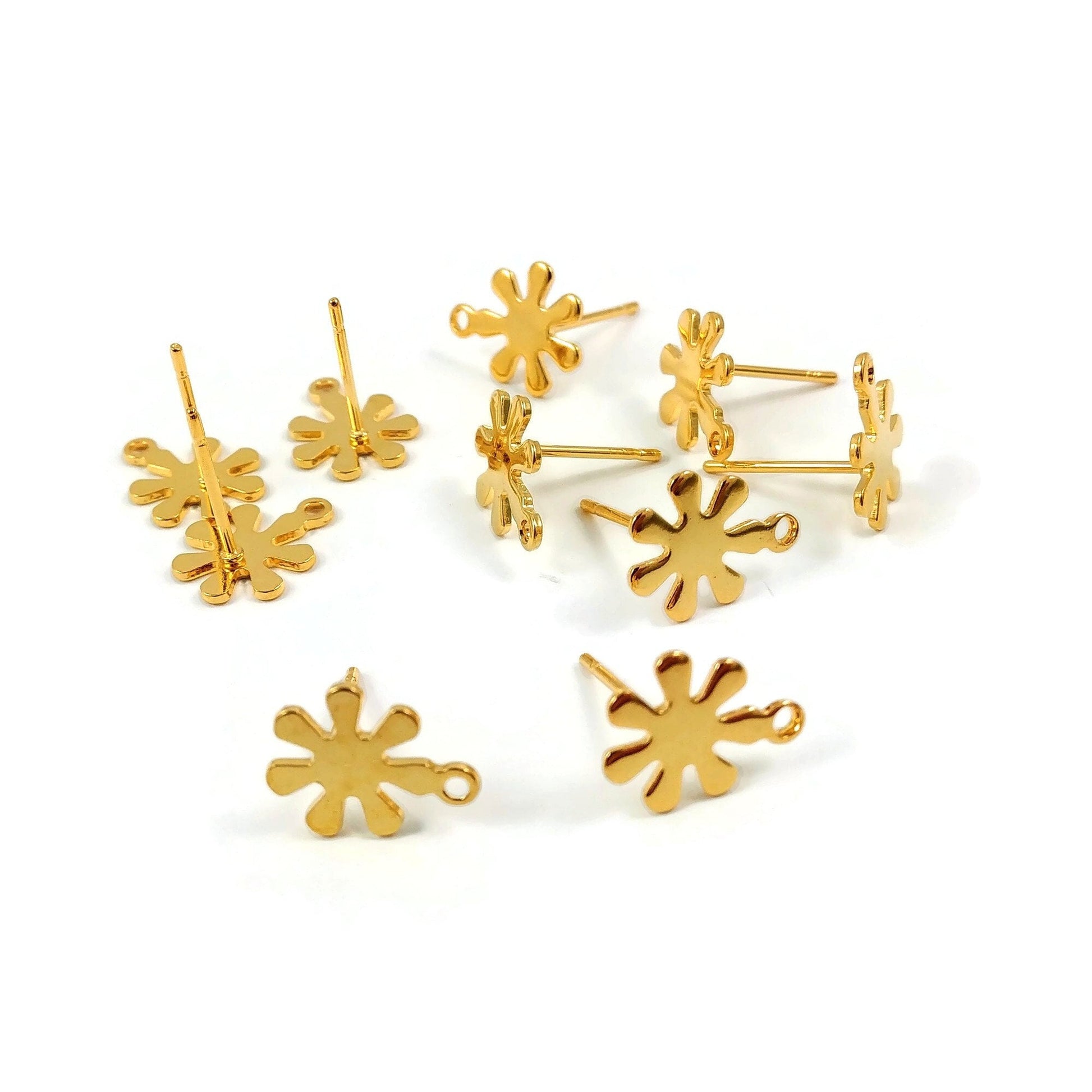 9mm flower ear studs with loop, Stainless steel earring posts, Hypoallergenic gold or silver jewelry findings