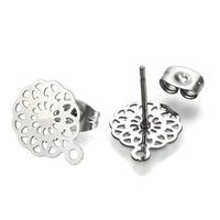 Filigree flower earring posts, 5 pairs stainless steel studs with loop, Hypoallergenic jewelry findings