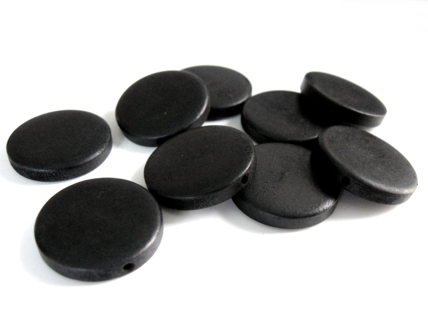 10 black flat round coin wooden beads 25mm