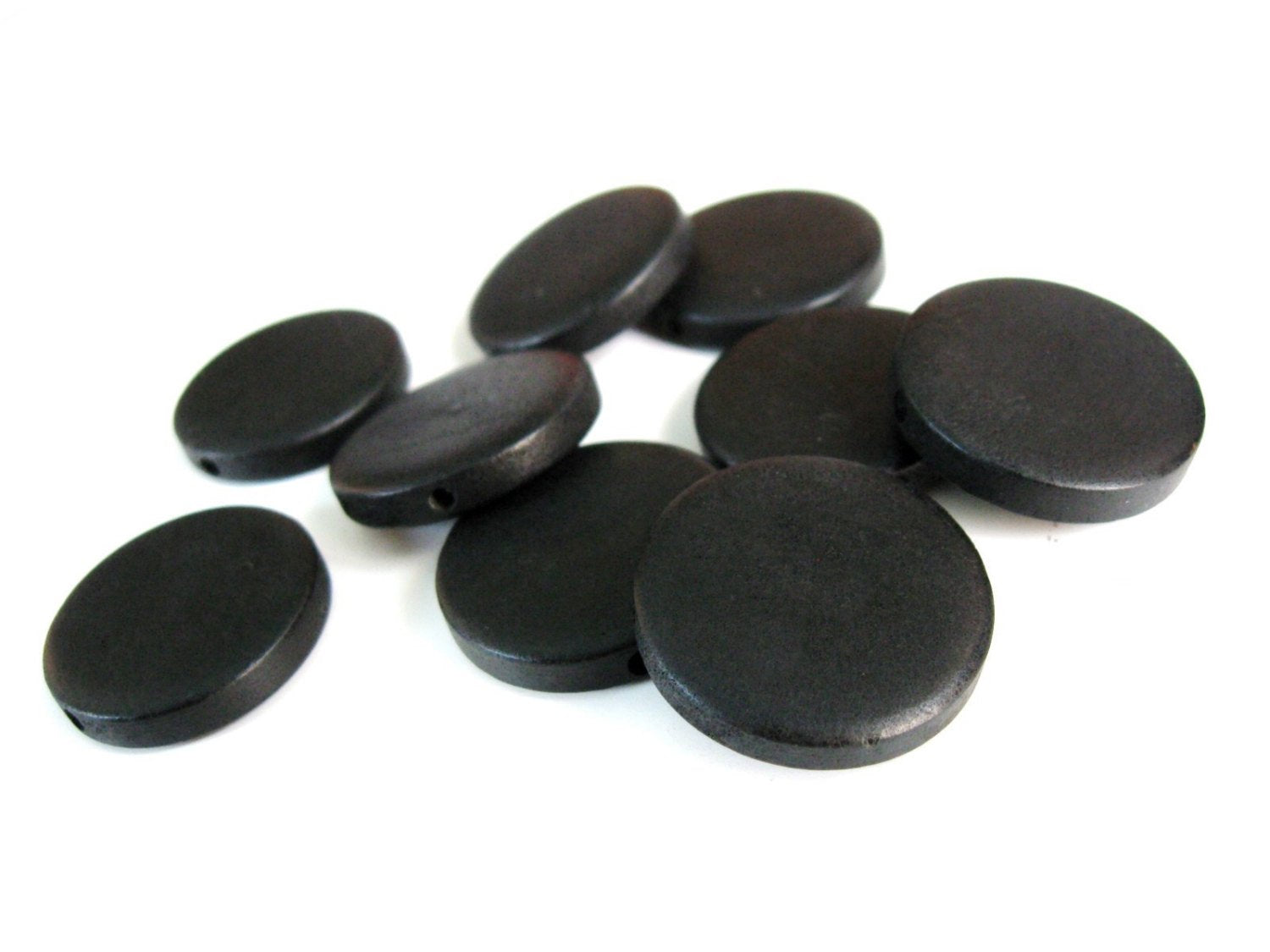 10 black flat round coin wooden beads 25mm